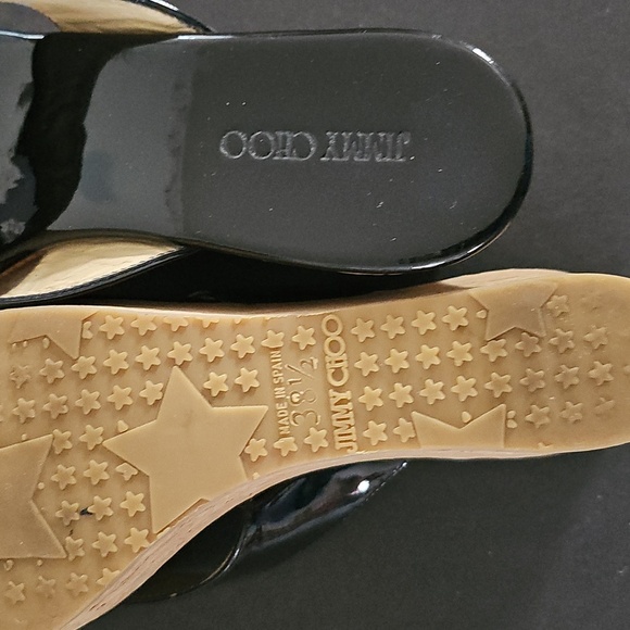 Jimmy Choo Blk Patent Leather Slides Crossover Straps Cork Wedge Sandals Sz38.5 - Picture 7 of 10